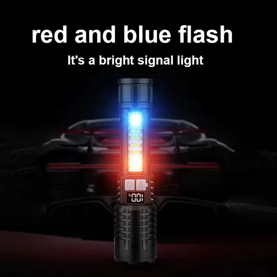 Simples Market black 100000LM rechargeable LED flashlight with blue/red signal LEDs and digital display
