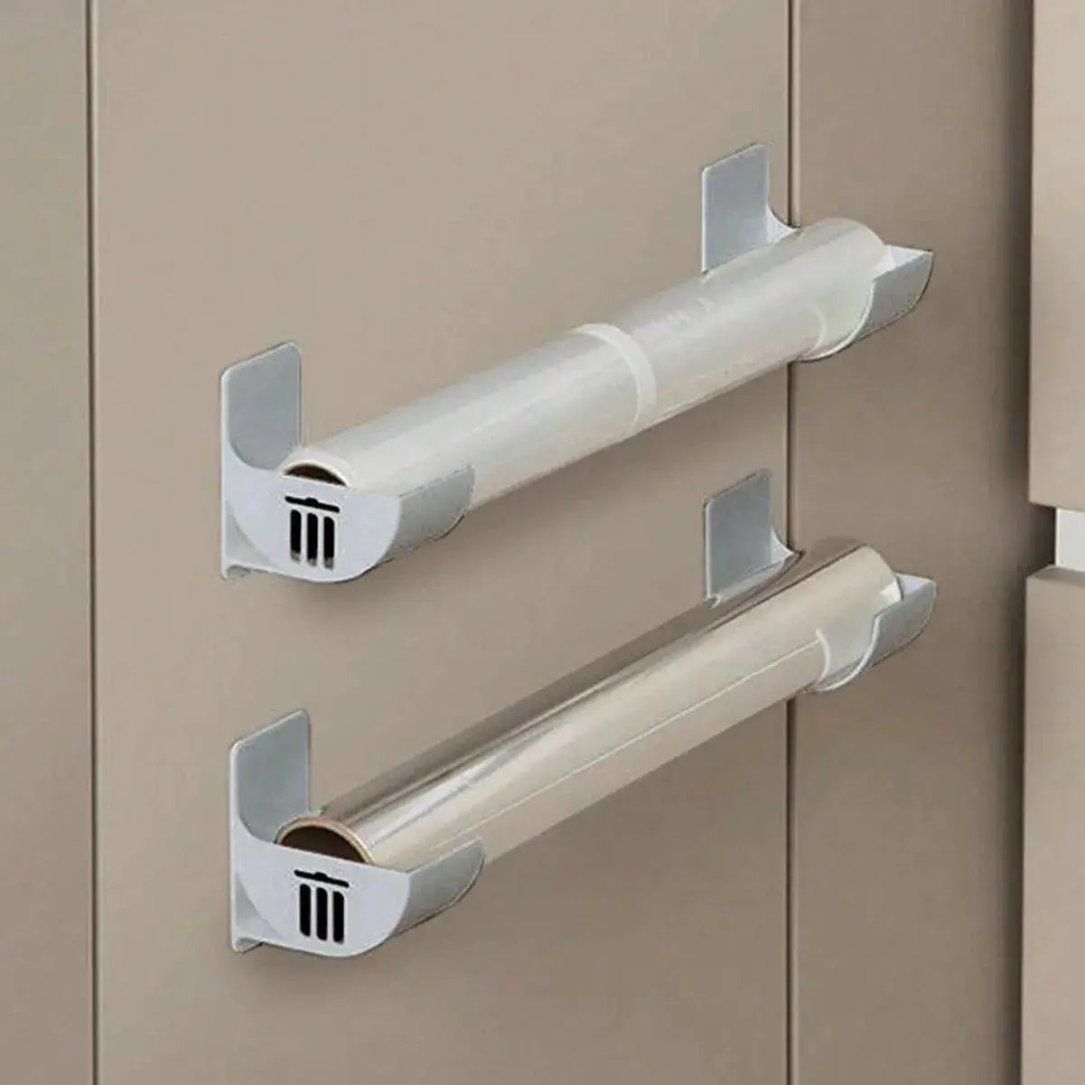 Simples Market punch-free cabinet rack for plastic wrap rolls; white, wall-mounted two-roll organizer.