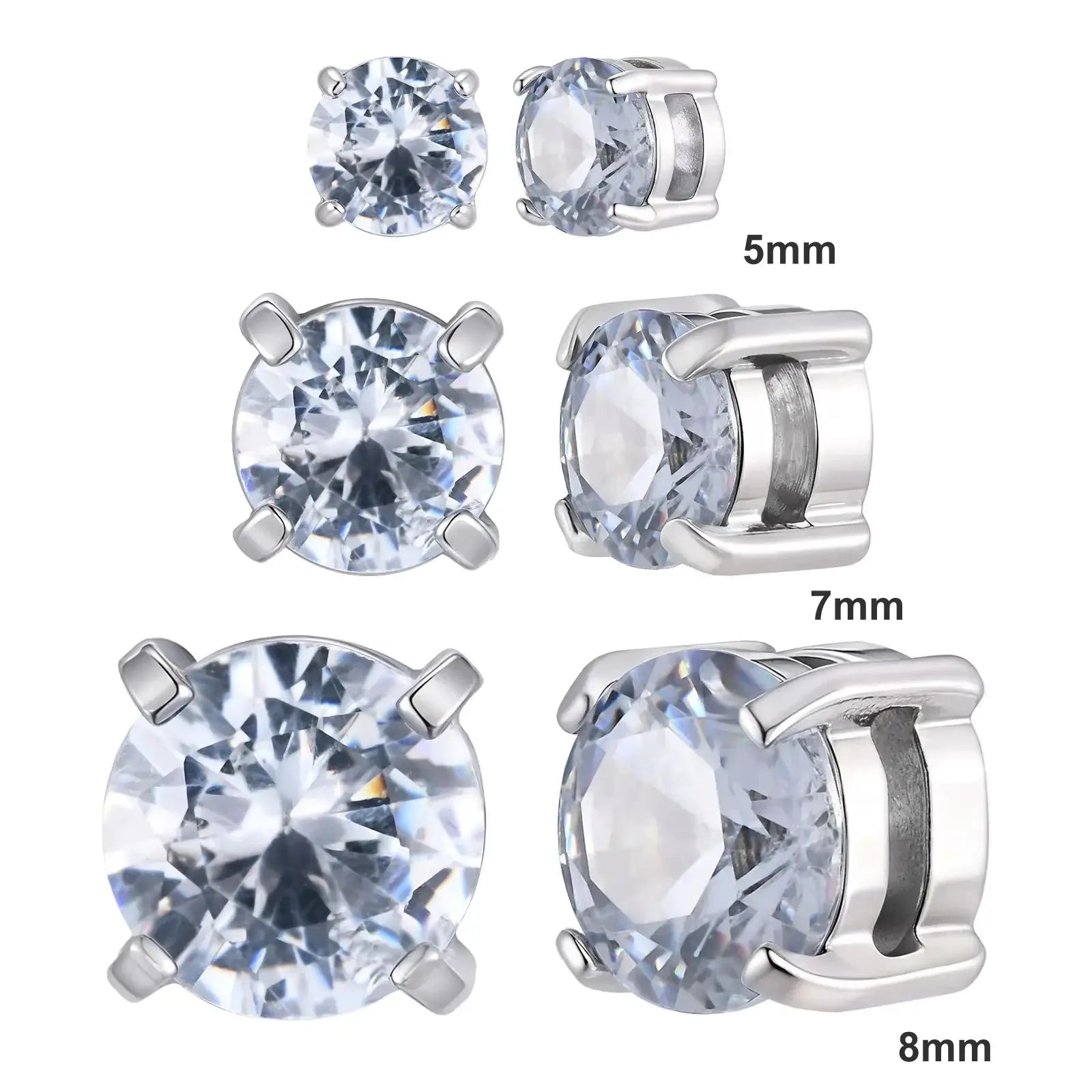 Punk round zircon magnetic ear studs set in stainless steel by Simples Market with 5mm, 7mm and 8mm sizes
