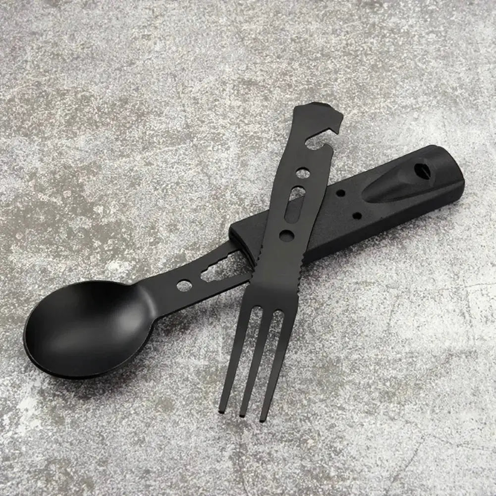 Portable camping tool set in black stainless steel with spoon and fork from Simples Market
