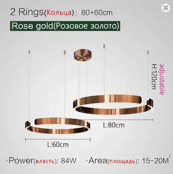 Simples Market two-ring rose-gold ceiling pendant chandelier, adjustable height with 60cm and 80cm rings.