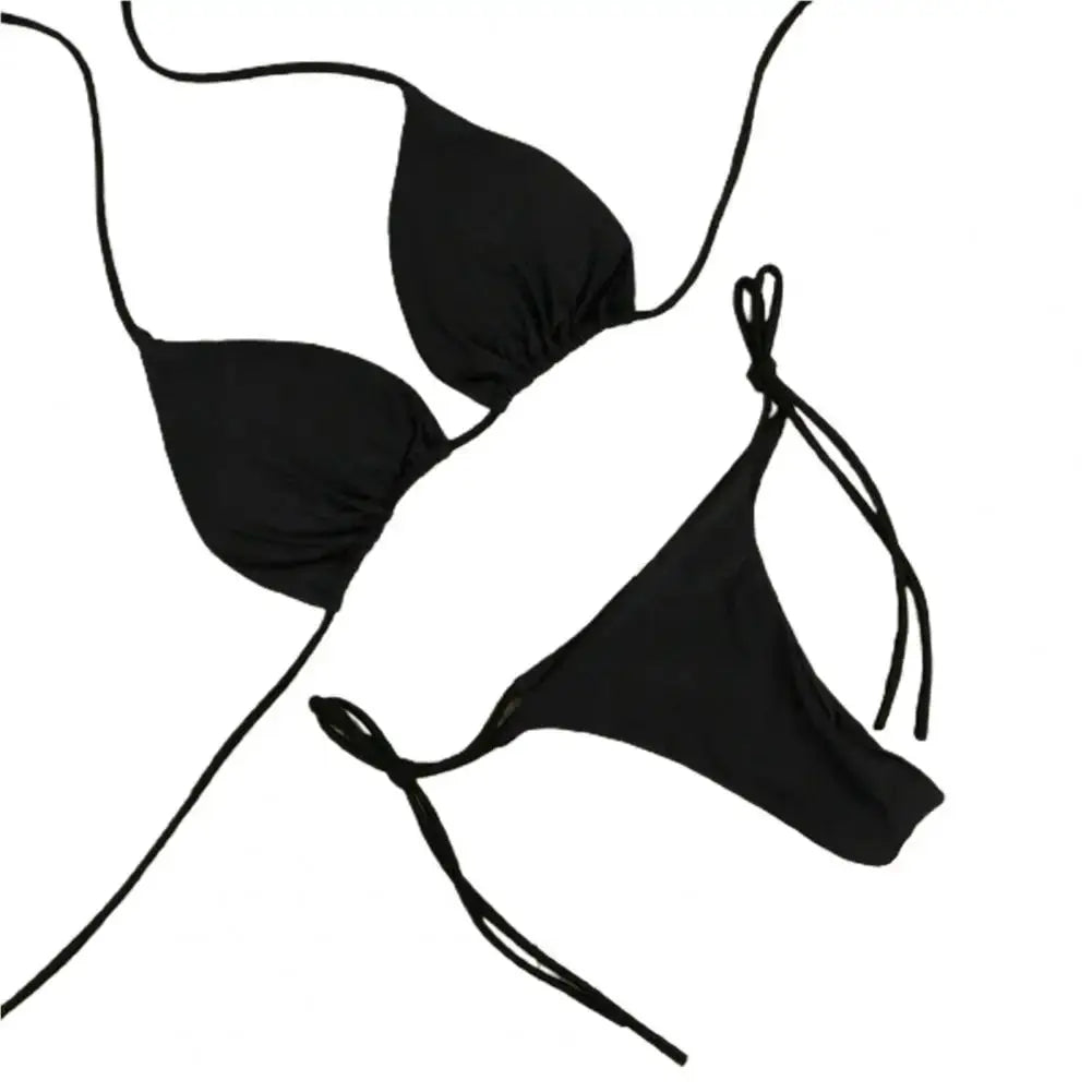 2 Piece Womens Swimsuit Set Halter Neck Bikini Solid Color Thong Bottom Beachwear 2024