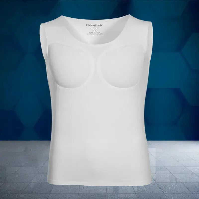 Men's body shaper undershirt with built-in chest pads, white cosplay muscle top