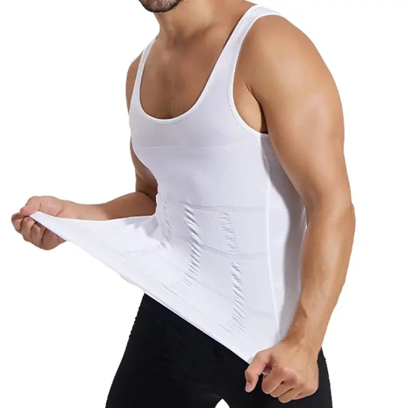 Mens white compression sleeveless jersey by Simples Market; gym tank top