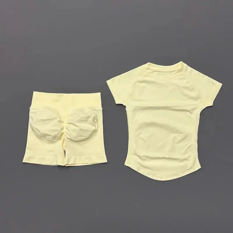 Histello 2 Piece Seamless Yoga Set Women Short Sleeve Top Leggings