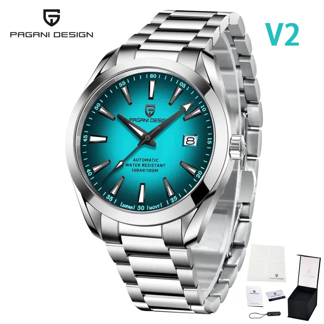 PAGANI DESIGN A150 40mm men's stainless steel automatic watch with turquoise dial, sapphire glass, 100m water resistant