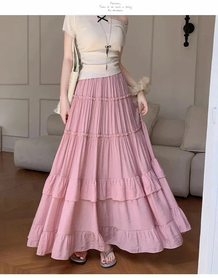 Tiered ruffle-hem maxi skirt in pink, high-waist, flowy chiffon layers