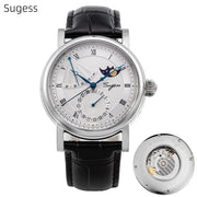 Sugess Moonphase automatic men's watch with silver case, blue hands, Roman numerals, black leather strap