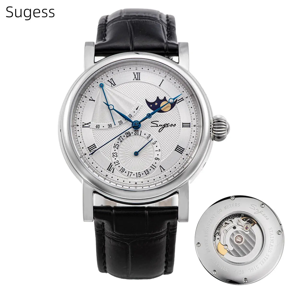 Sugess Moonphase automatic men's watch with silver case, blue hands, Roman numerals, black leather strap