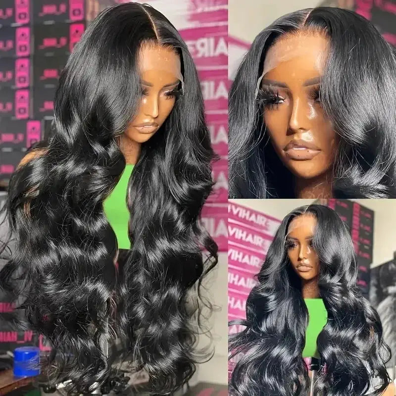 Natural Black 13x4 Lace Front Wig Brazilian Human Hair Body Wave Pre Plucked 180 Percent Density Lace Frontal