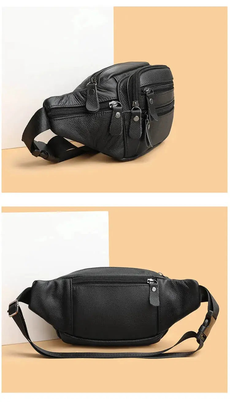 Black genuine leather fanny pack for men with multiple zip pockets and adjustable strap