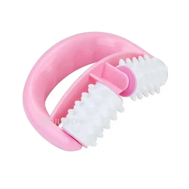 Pink handheld cellulite massager with two white textured rollers