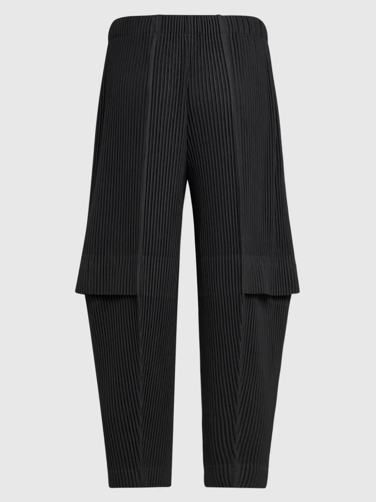 Miyake pleated black cargo pants for men, wide-leg streetwear trousers