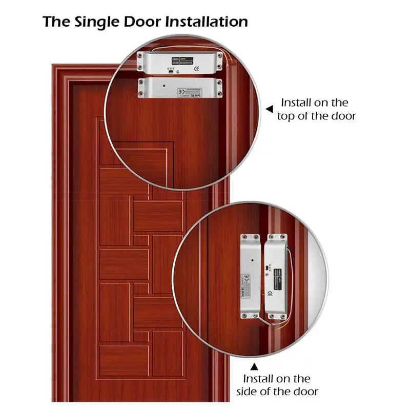 5YOA smart electric mortise lock with drop bolt on wooden door; silver metal hardware.