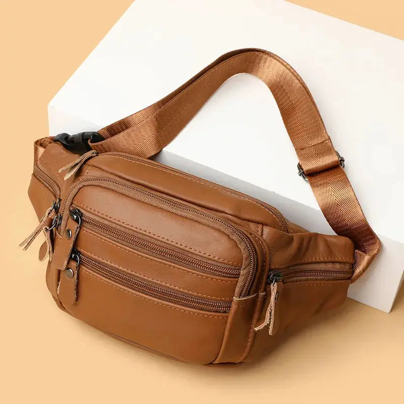 Men's genuine leather fanny pack by Simples Market, brown waist bag with multiple zip pockets.