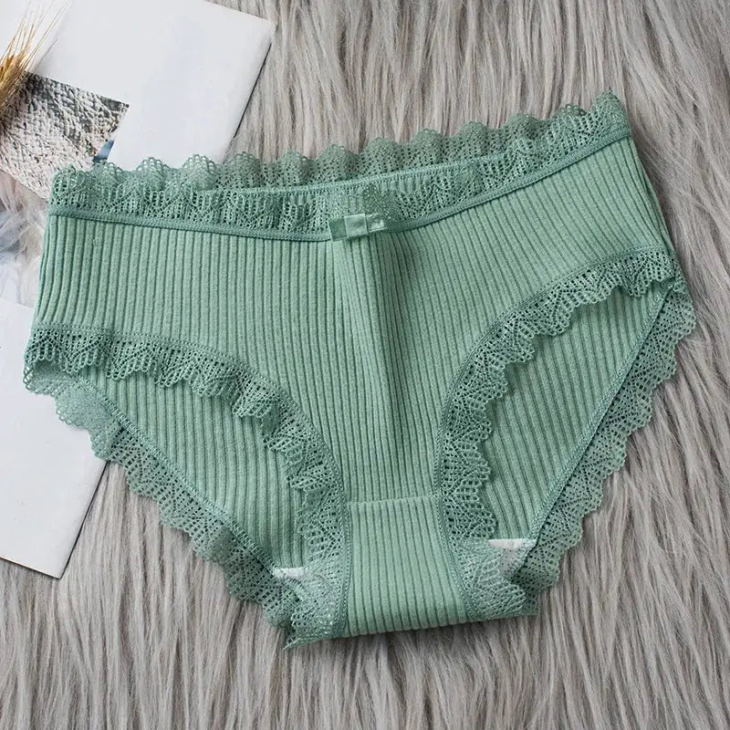 Bikini panties, 4-pcs mint green lace wavy-trim, comfy breathable underwear by Simples Market