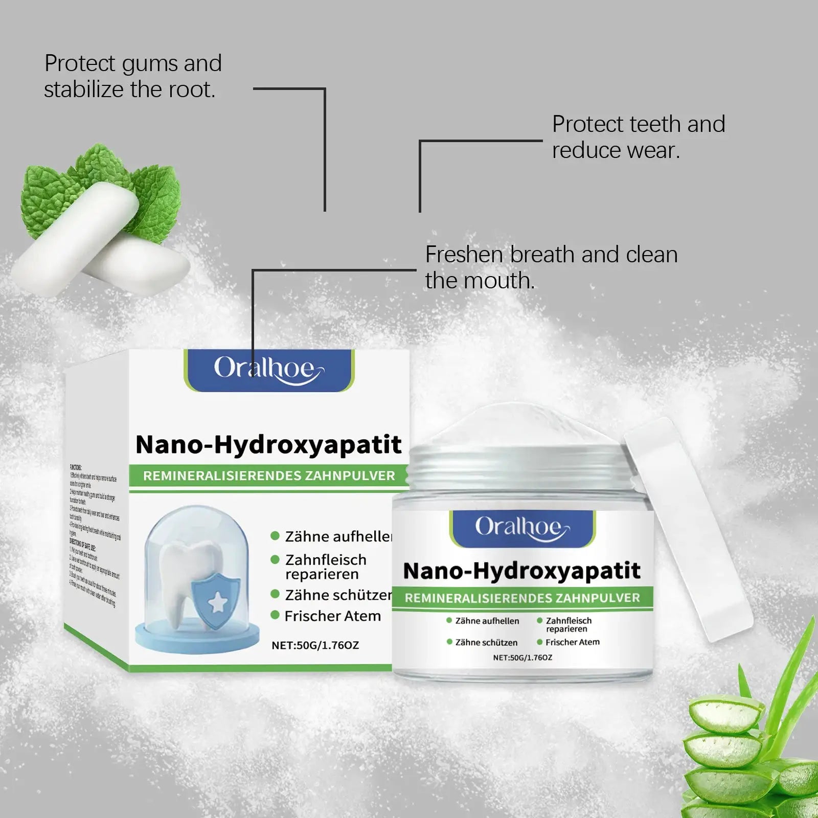 Nano-Hydroxyapatite tooth powder; whitening powder for yellow teeth with mint leaves.