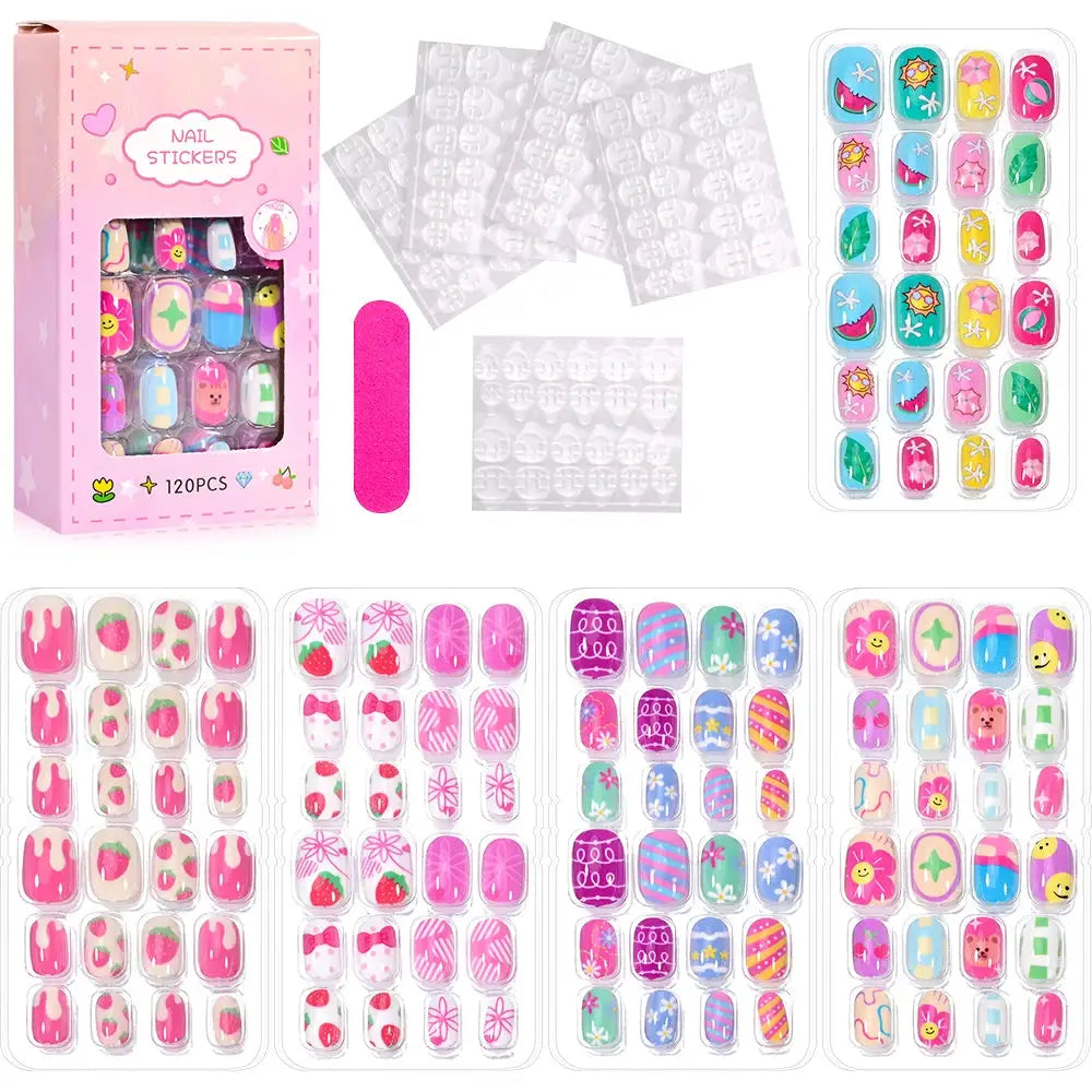 KawaiiKidz Kids Cartoon Press On Nails Acrylic Full Cover Short False Nails Safe Easy To Apply Jelly Glue 120Pcs