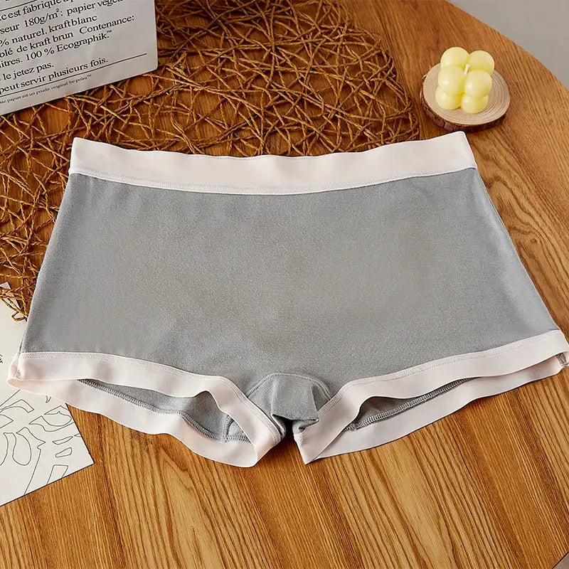 BANNIROU mid-rise seamless women's boyshort underwear, gray with white trim.