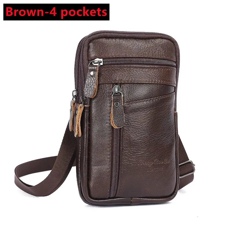 Simples Market men's genuine brown leather waist bag with 4 pockets and crossbody strap
