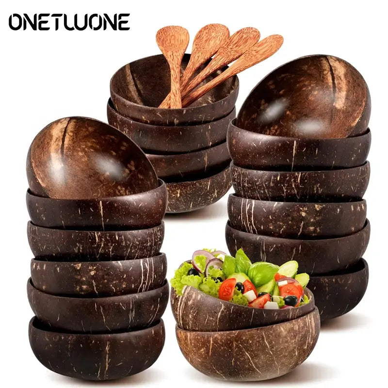 Natural Coconut Bowl Set With Coconut Spoons And Wooden Bowls Eco Friendly Kitchen Tableware For Salads Smoothies Ramen