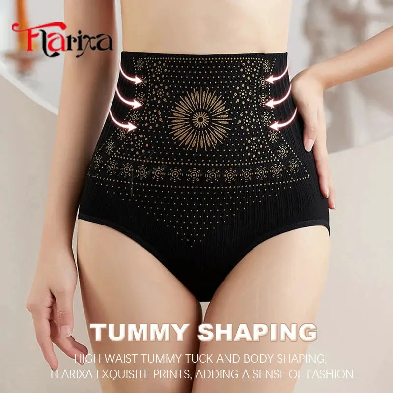 Flarixa high-waist seamless shaping briefs in black with gold-tone sunburst prints for tummy and body shaping.