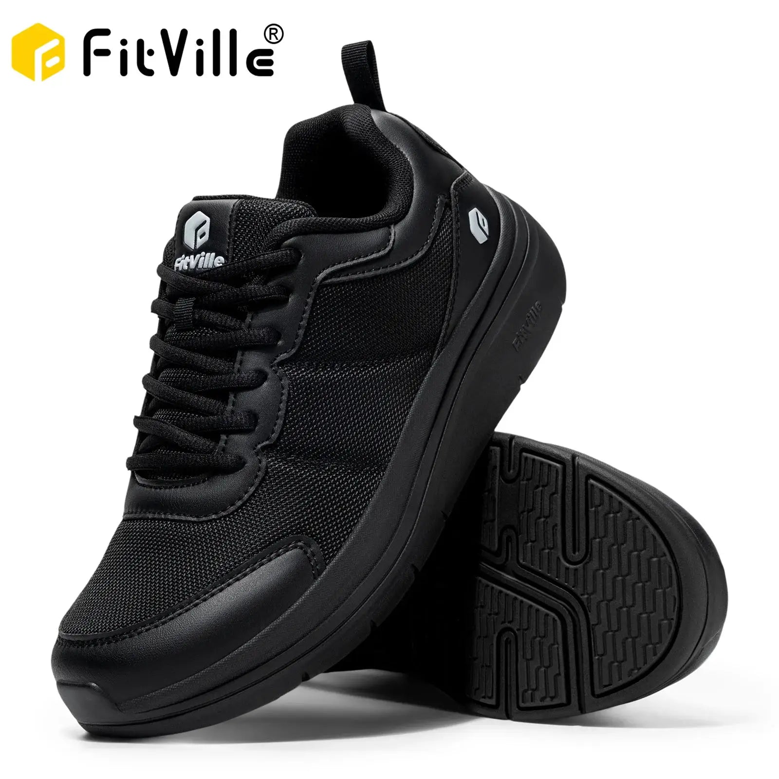 FitVille men's black walking shoes with max cushioning, mesh upper, wide width