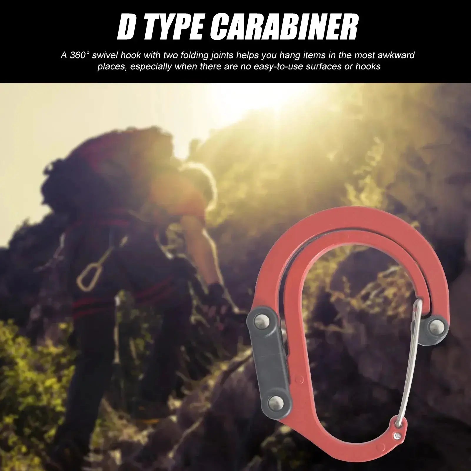 Multifunctional rotating D-type carabiner in red with grey hinges for camping and hiking, Simples Market