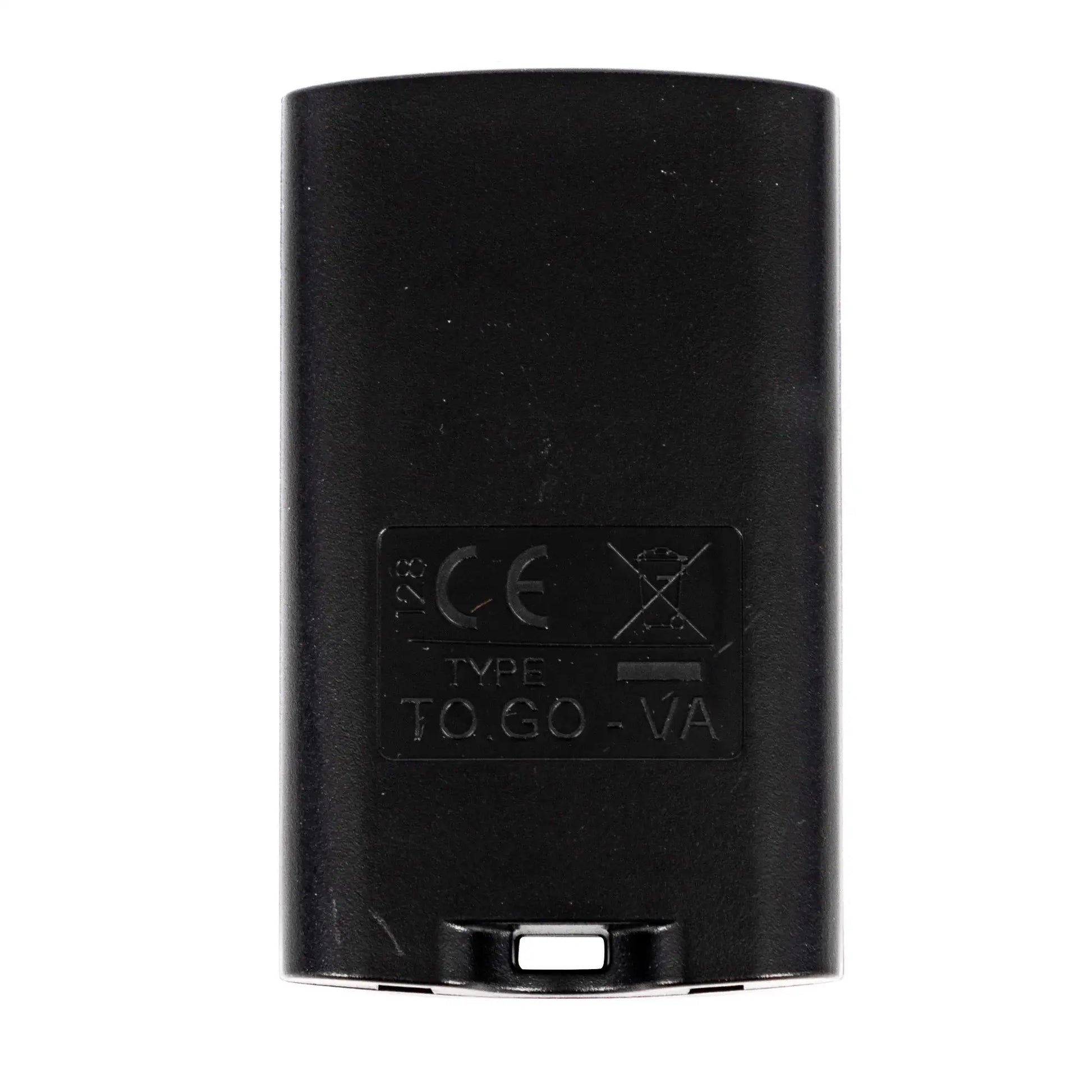 Black plastic garage gate remote control, back view with label plate and safety icons.