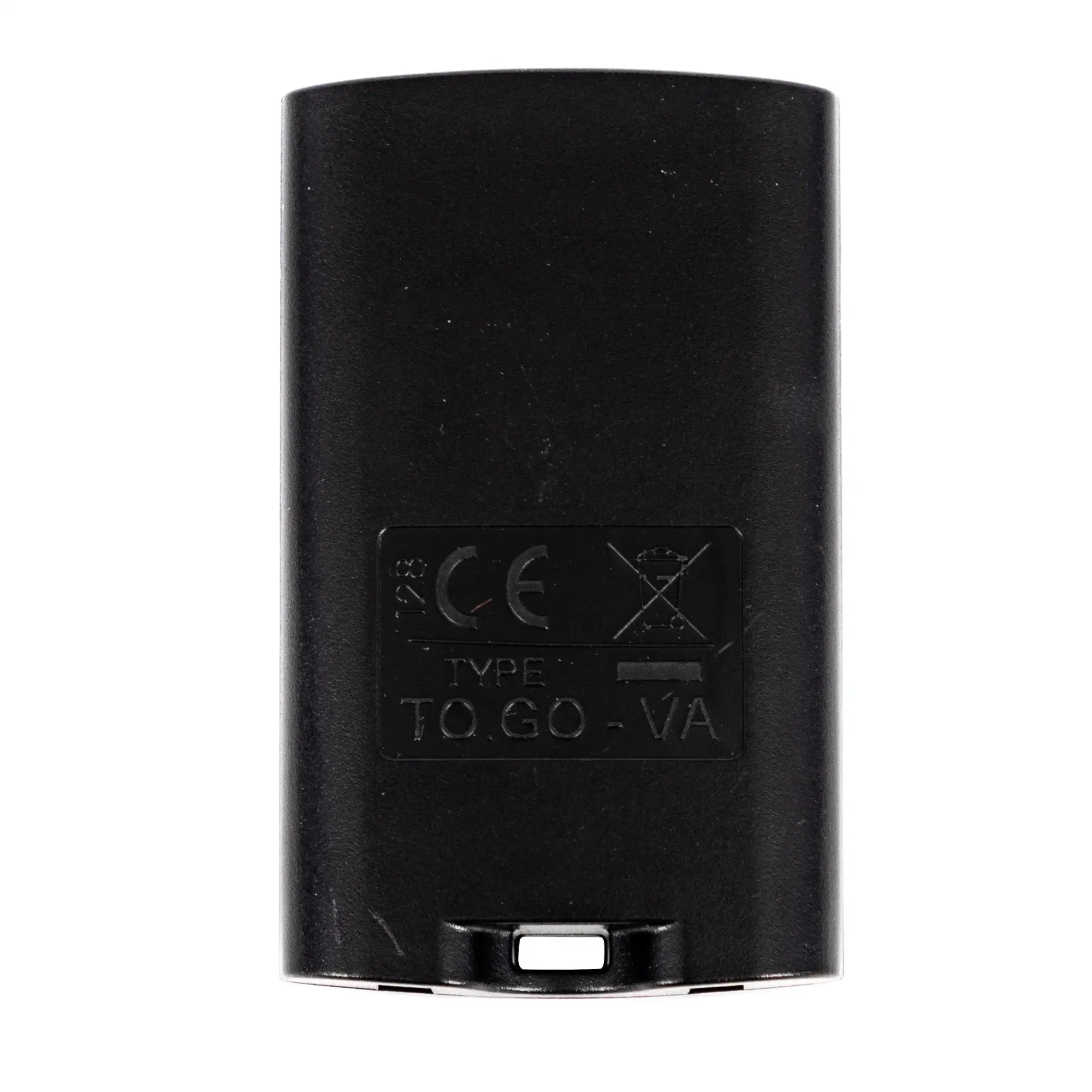 Black plastic garage gate remote control, back view with label plate and safety icons.