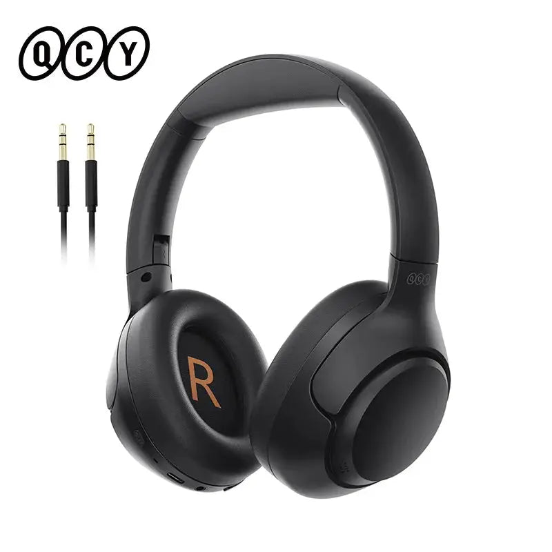 QCY H3 ANC wireless over-ear headphones in black with 3.5mm audio cable