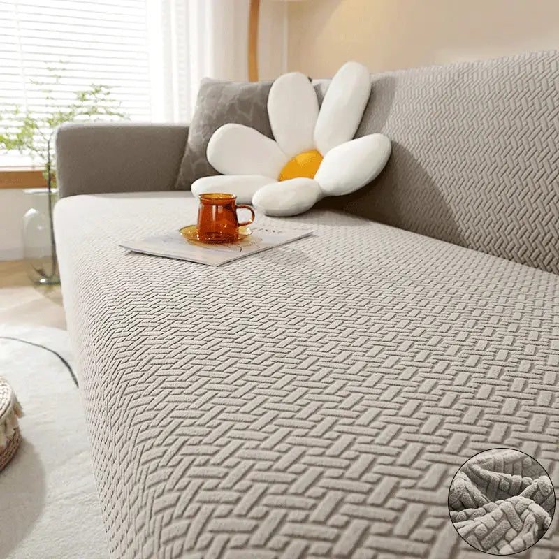 Elastic jacquard fabric sofa cover for L-shaped sectional; beige-gray stretch slipcover