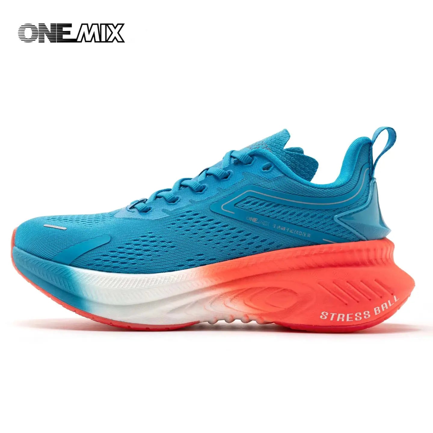 ONEMIX men's breathable running shoes blue knit upper with coral sole