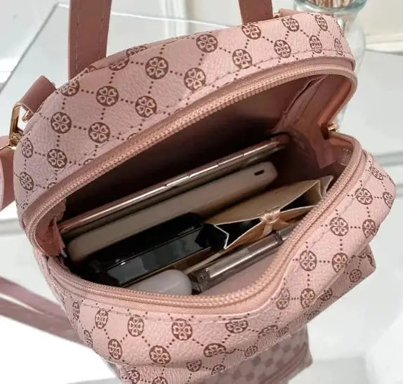 Simples Market pink floral mini backpack for women, classic school bag, open with phone inside