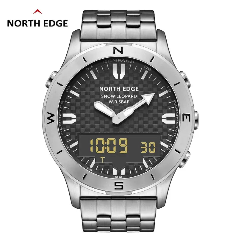 North Edge men's stainless steel sport digital watch with compass bezel and digital display