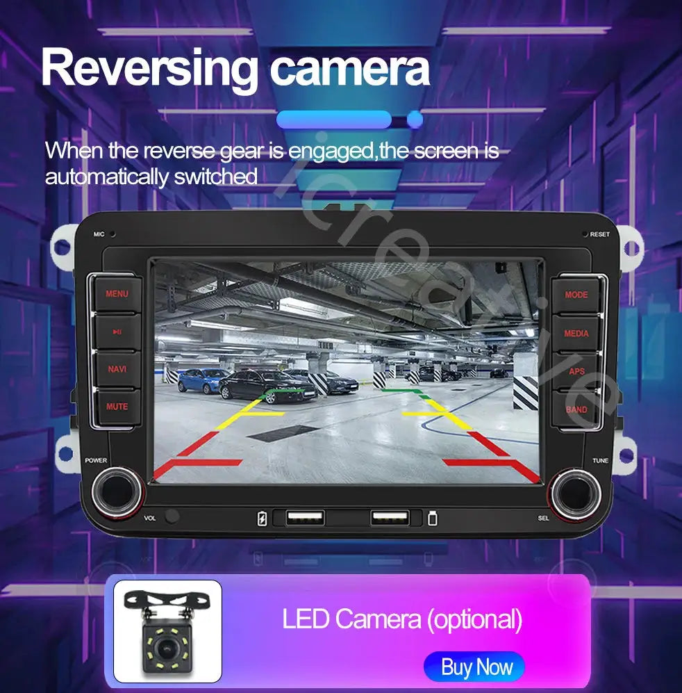 2Din Android car stereo for VW/Skoda with GPS and CarPlay; wifi, black unit with red side buttons and touchscreen.