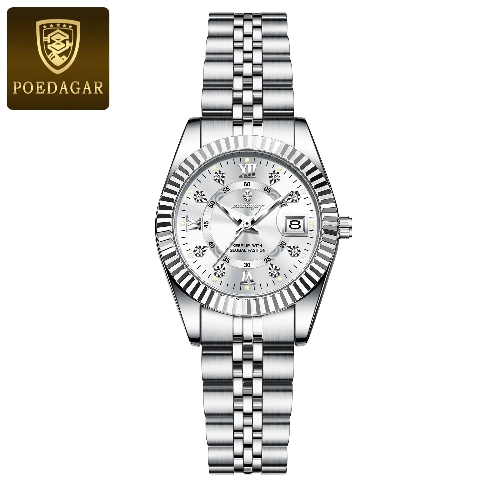 POEDAGAR women's stainless steel luxury watch with date and luminous markers; logo tile visible