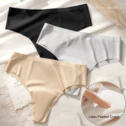 Simples Market three-pack anti-cameltoe seamless thong underwear with latex-padded crotch in black, gray, beige