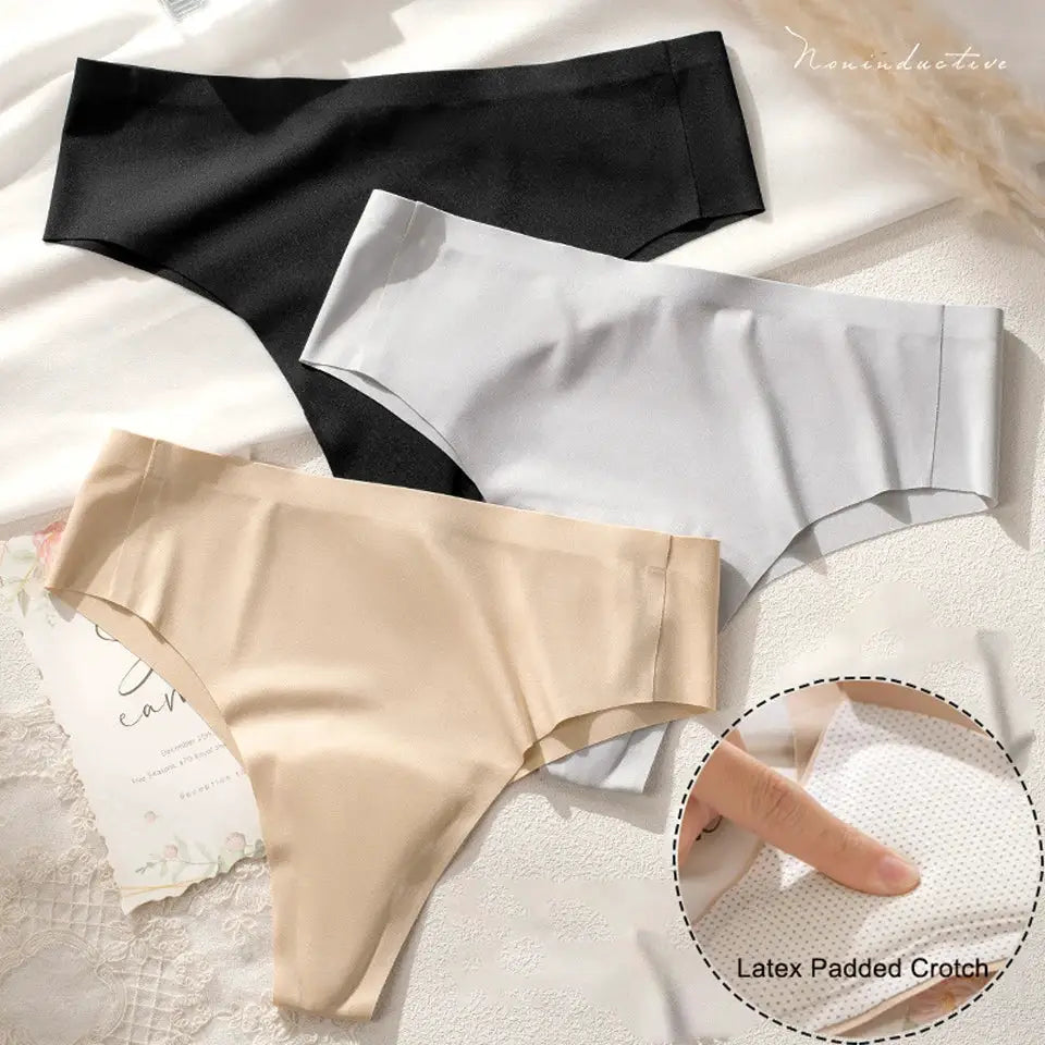Simples Market three-pack anti-cameltoe seamless thong underwear with latex-padded crotch in black, gray, beige