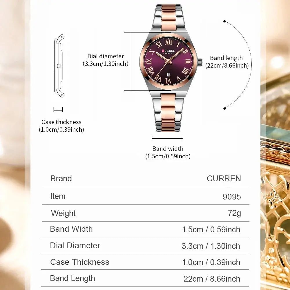 CURREN women's analog watch with two-tone stainless steel bracelet, purple dial and date window