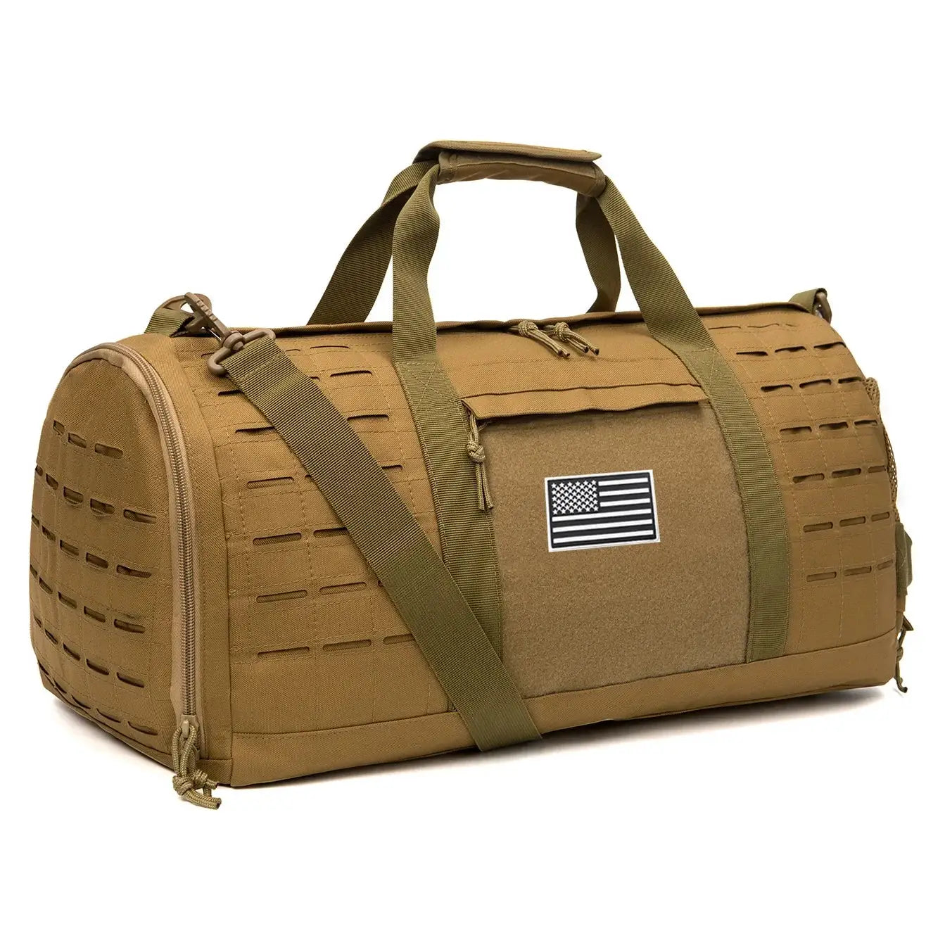 Simples Market 40L tan tactical gym bag duffel with handles and shoulder strap, US flag patch