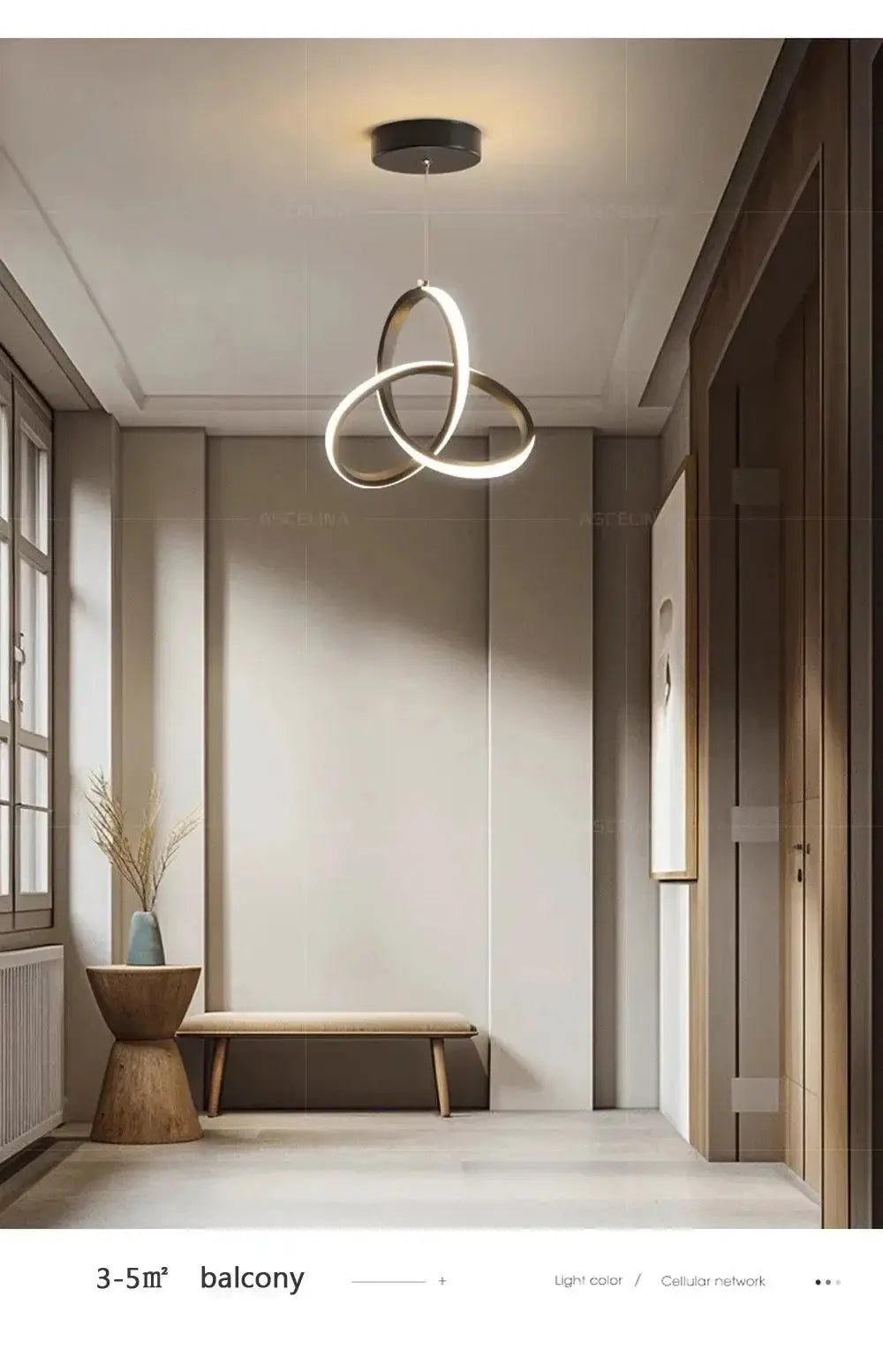 Nordic LED ceiling pendant lamp with three interlocking rings in a modern beige hallway lighting