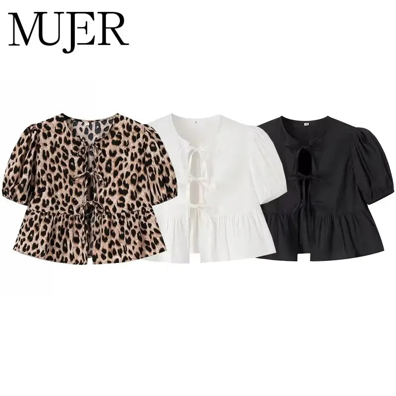 Leopard print crop top set by MUJER; three puff-sleeve blouses in leopard, white, and black