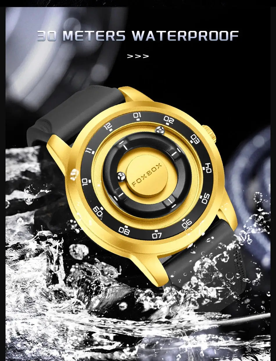 FOXBOX wristwatch by Simples Market, gold-tone case with black bezel and grey strap, 30m waterproof men's fashion watch.