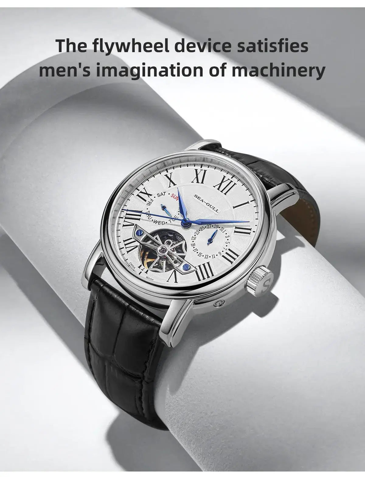 Men's automatic mechanical wristwatch with Sea-Gull movement, white dial, Roman numerals, blue hands, black leather strap.