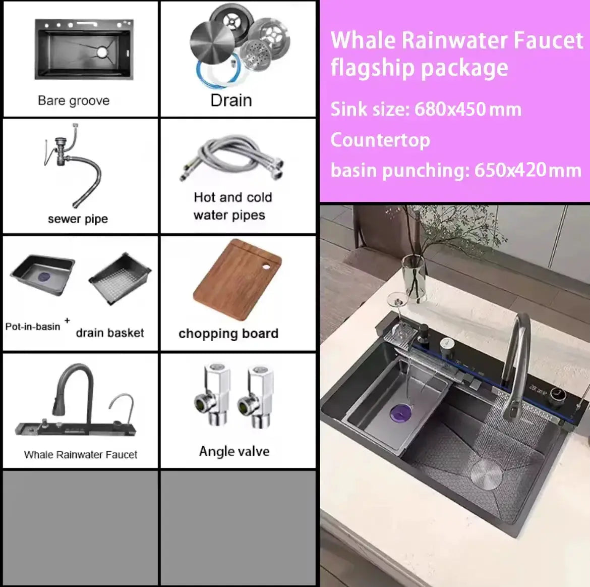 Integrated waterfall kitchen sink kit by Simples Market, stainless steel with digital display, soap dispenser.