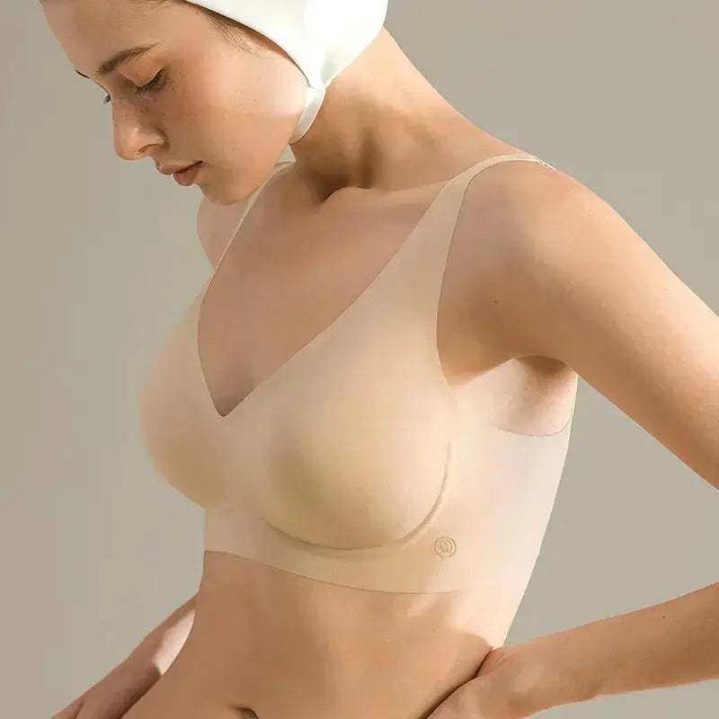 SUJIIN seamless wireless bra in nude, V-neck bralette with smooth cups and soft support.