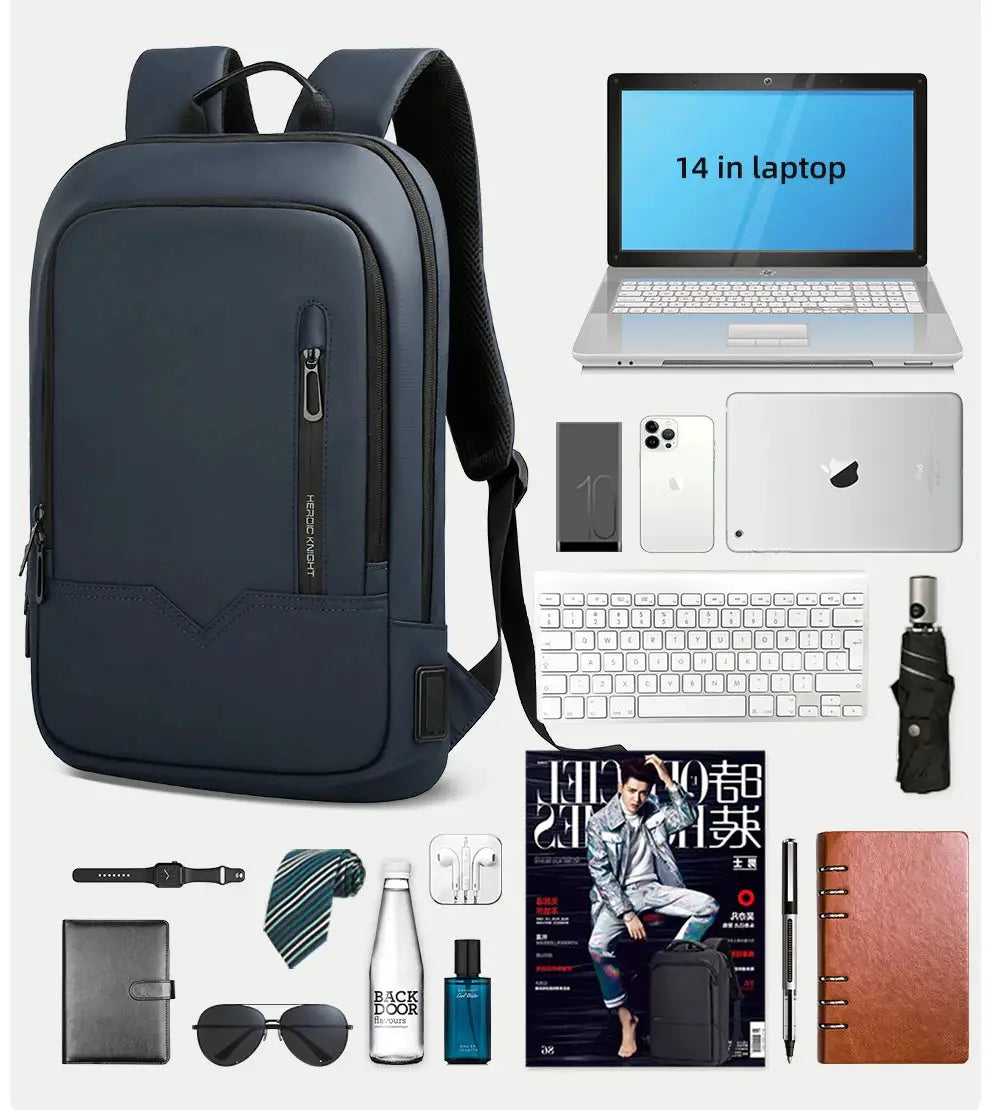 Simples Market HK Slim Backpack for Men, navy blue waterproof 15.6-inch laptop bag with USB charging