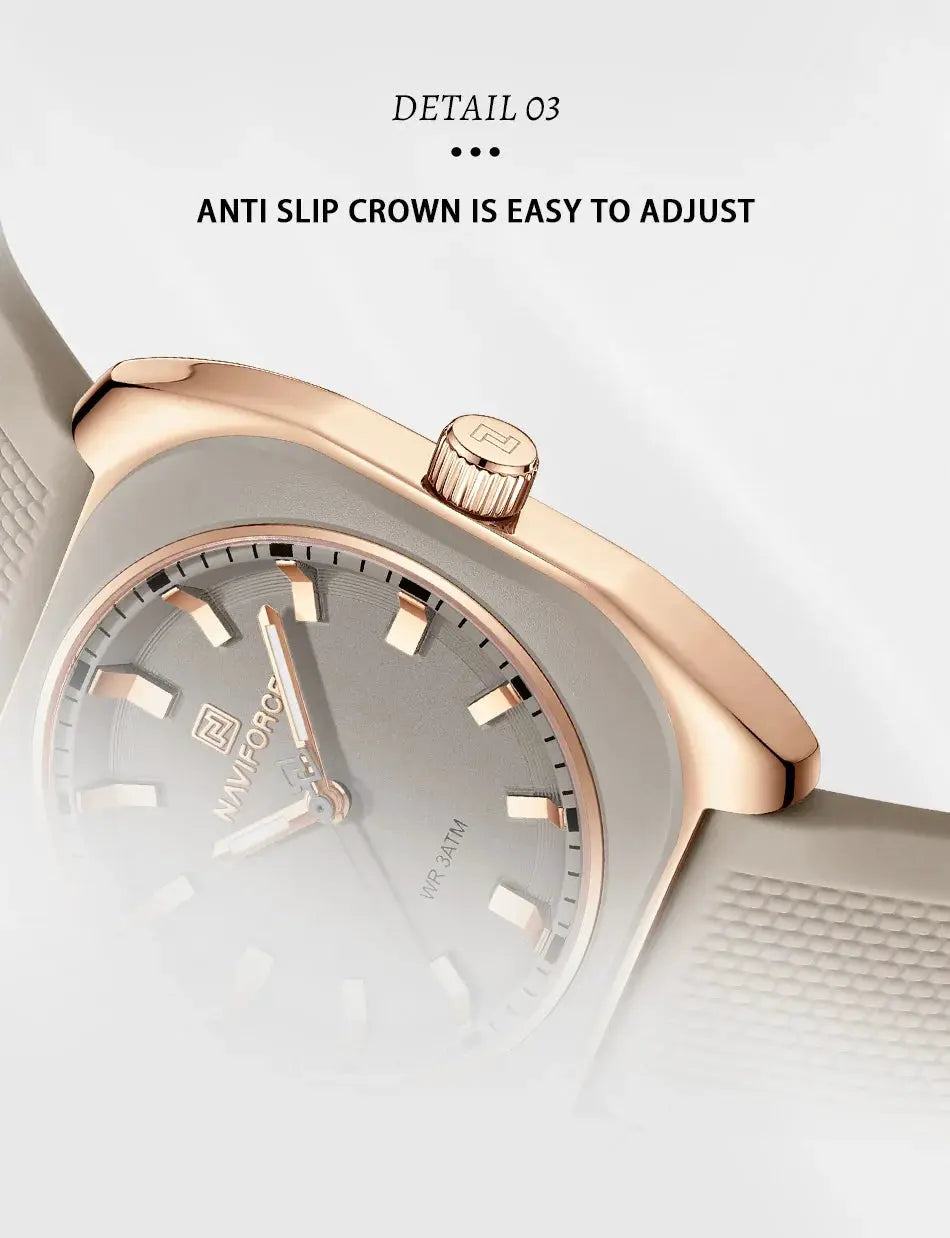 NAVIFORCE women's silicone wristwatch with rose-gold case, grey dial, and grey strap