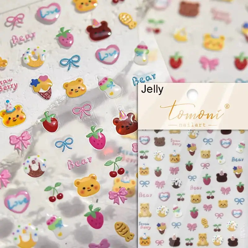 Nail art stickers, pink peach jelly texture with 5D embossed fruit designs; self-adhesive, Tomoni nailart label